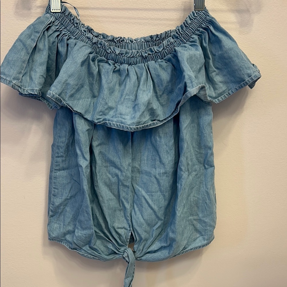 Express Light Blue Ruffled Denim Blouse